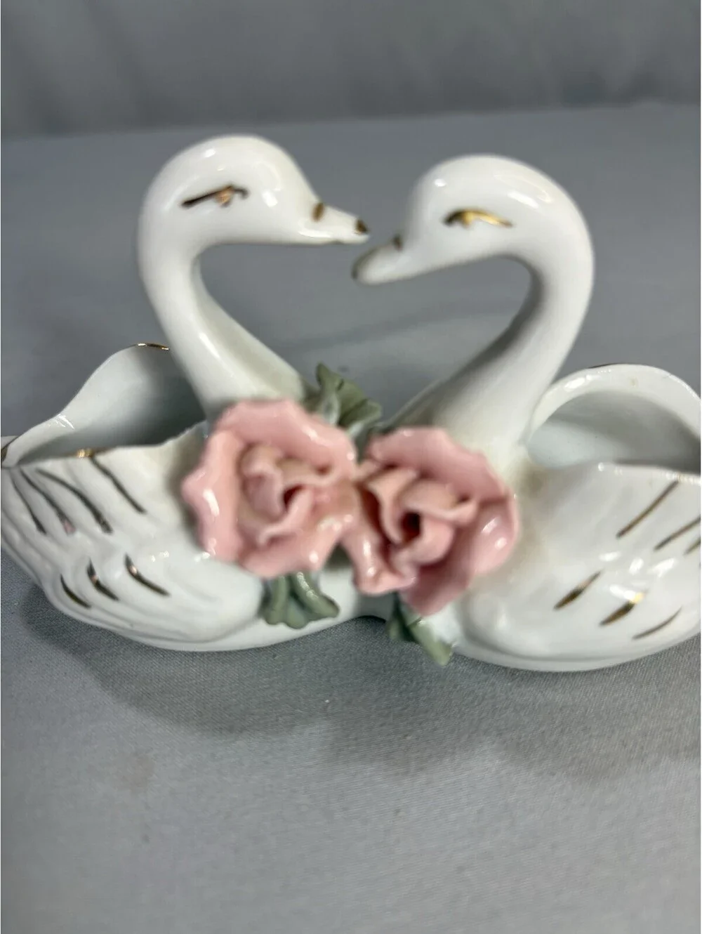 Vintage Double Swan Ceramic Bud Vase Planter Pink Roses Gold Trim Romantic Decor